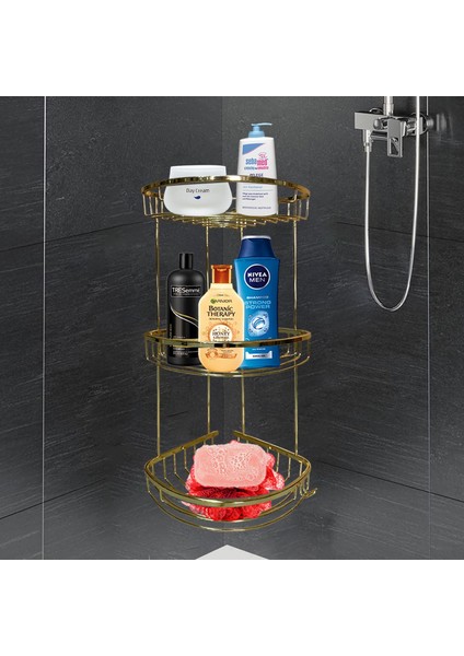 Banyo Duş Rafı Şampuanlık Köşelik Damla Gold Altın 3 Katlı Malzemelik Organizer Düzenleyici Mutfak Eşya Rafı fırsatları