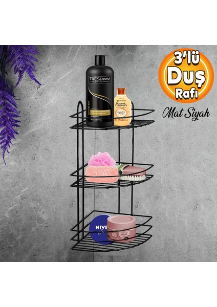Banyo Duş Rafı Şampuanlık Köşelik Oval Siyah 3 Katlı Malzemelik Organizer Düzenleyici Mutfak Eşya Rafı