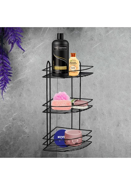 Banyo Duş Rafı Şampuanlık Köşelik Oval Siyah 3 Katlı Malzemelik Organizer Düzenleyici Mutfak Eşya Rafı fırsatları