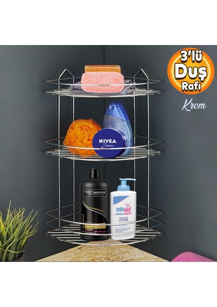 Banyo Duş Rafı Şampuanlık Köşelik Oval Krom 3 Katlı Malzemelik Organizer Düzenleyici Mutfak Eşya Rafı