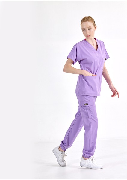 Jogger Lüks Kaliteli Likralı Doktor Hemşire Forması Scrubs Lila