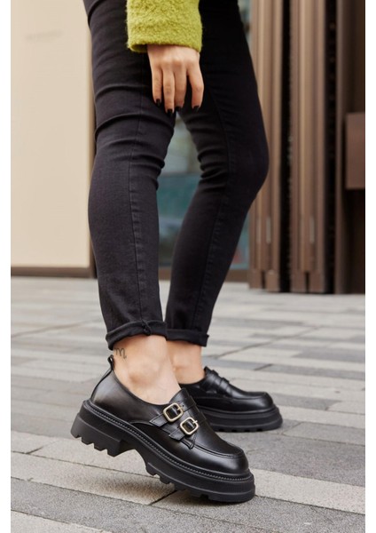 Belly Siyah Hakiki Deri Kalın Tabanlı Kadın Loafer modelleri