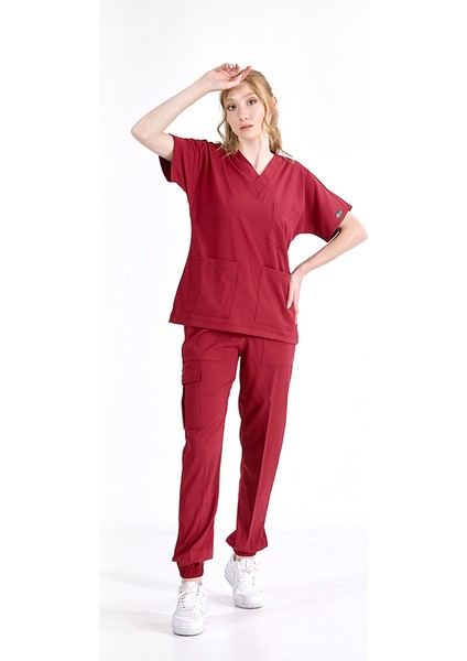Jogger Lüks Kaliteli Likralı Doktor Hemşire Forması Scrubs Bordo