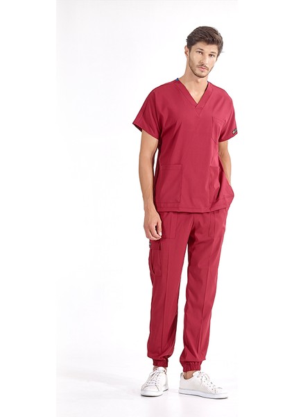 Jogger Lüks Kaliteli Likralı Doktor Hemşire Forması Scrubs Bordo