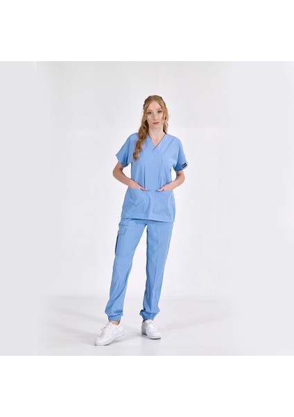 Jogger Lüks Kaliteli Likralı Doktor Hemşire Forması Scrubs Açık Mavi