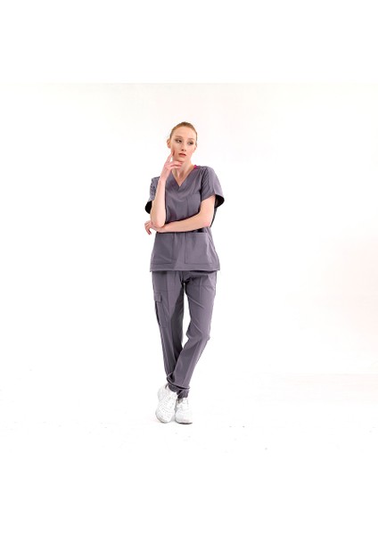 Jogger Lüks Kaliteli Likralı Doktor Hemşire Forması Scrubs Kurşuni Gri