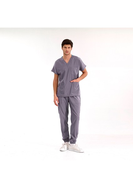 Jogger Lüks Kaliteli Likralı Doktor Hemşire Forması Scrubs Kurşuni Gri