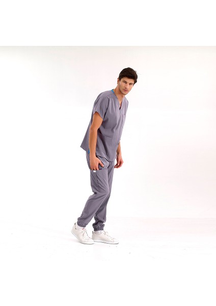 Jogger Lüks Kaliteli Likralı Doktor Hemşire Forması Scrubs Kurşuni Gri