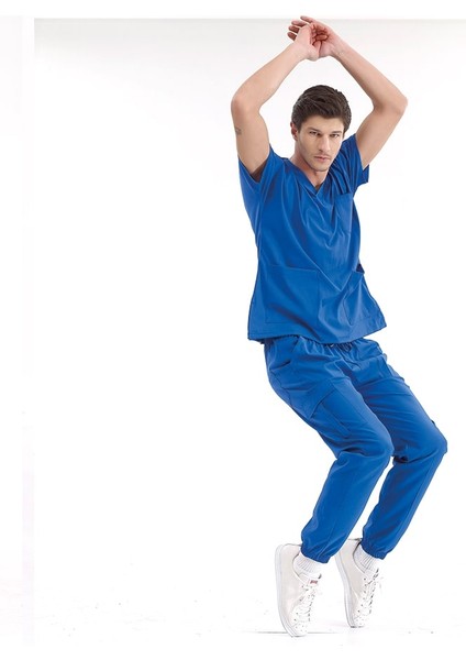 Jogger Lüks Kaliteli Likralı Doktor Hemşire Forması Scrubs Saks Mavi