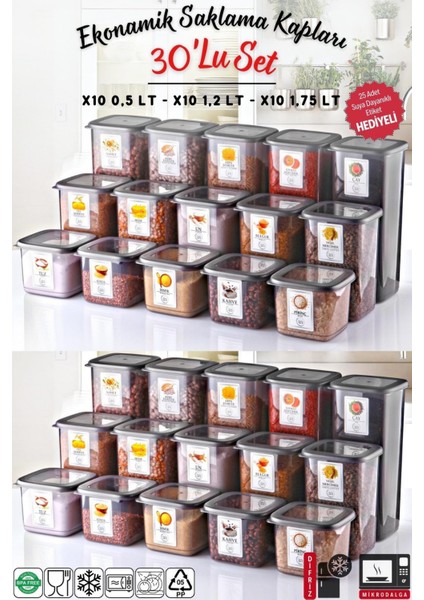 PP Plastik Saklama Kabı Seti 30'lu 0,5-1,2-1,75 Lt Kırılmaz Antrasit Mutfak Düzenleyici