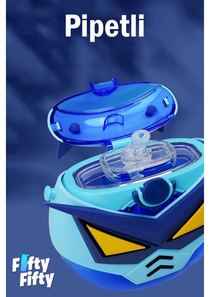 Cocosmile Özel Kutulu 630 ml Pipetli Robot Temalı Tritan Su Matarası Boyun Askılı