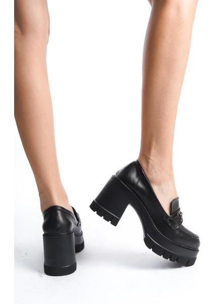 Kadın Loafer Ayakkabı 8 cm Topuklu Siyah Cilt Tokalı Suni Deri Tabanlı modelleri