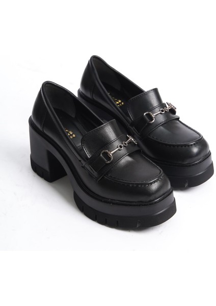 Kadın Loafer Ayakkabı 8 cm Topuklu Siyah Cilt Tokalı Suni Deri Tabanlı fırsatları