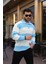 Düğmeli Polo Yaka Yarım Oversize Çizgili Triko Kazak - Mavi 3