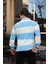 Düğmeli Polo Yaka Yarım Oversize Çizgili Triko Kazak - Mavi 4
