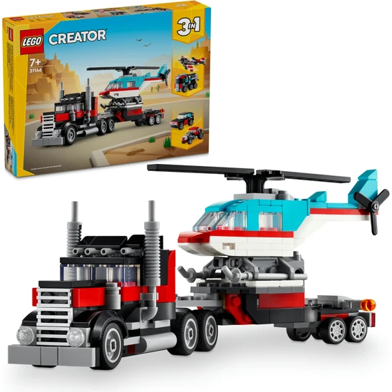 LEGO® Creator Helikopterli Açık Kasa Kamyon 31146 - 7 Yaş ve Üzeri Çocuklar için 3#ü 1 Arada Yaratıcı Oyuncak Yapım Seti (270 Parça)