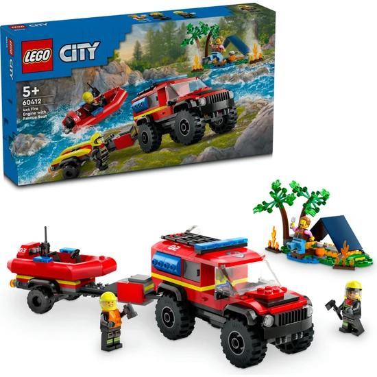 LEGO® City 4x4 Kurtarma Botlu İtfaiye Kamyonu 60412 - 5 Yaş ve Üzeri Çocuklar için Kamp Çadırı ve İtfaiyeci Minifigürü İçeren Yaratıcı Oyuncak Yapım Seti (301 Parça)