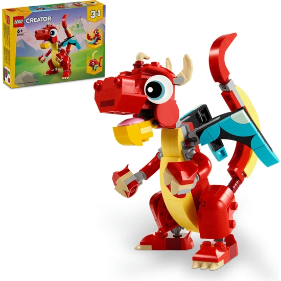 LEGO® Creator Kırmızı Ejderha 31145 - 6 Yaş ve Üzeri Çocuklar için Balık ve Zümrüdüanka Model Seçenekleri İçeren 3#ü 1 Arada Yaratıcı Oyuncak Yapım Seti (149 Parça)