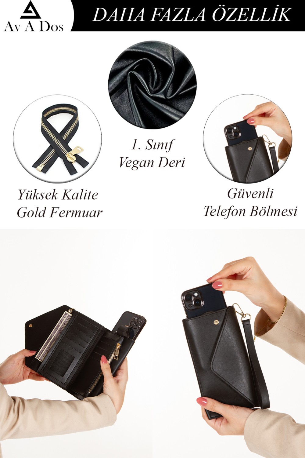 Av A Dos Kadın Deri Telefon Nakit Bozuk Bölmeli Kilitli Bilek Askılı Cüzdan görsel 2