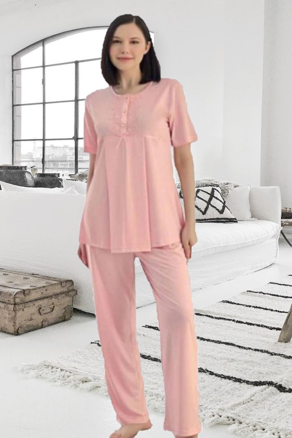 Polat Tekstil Kadın Kısa Kol Hamile & Lohusa Pijama Takımı Dantelli