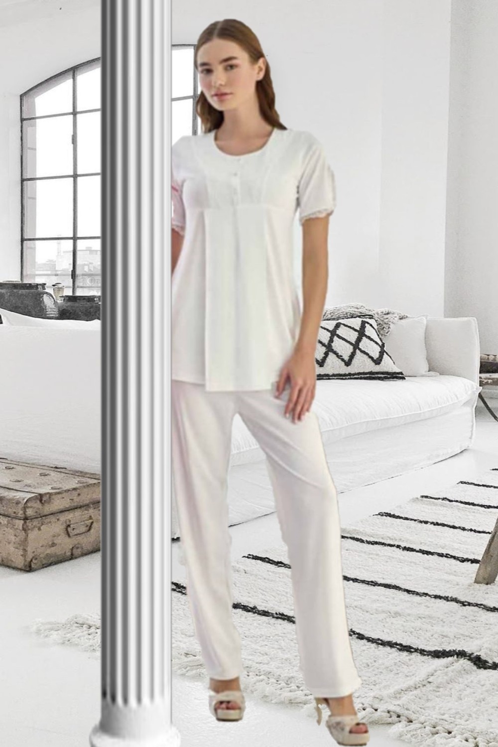 Polat Tekstil Kadın Kısa Kol Hamile & Lohusa Pijama Takımı Dantelli görsel 3