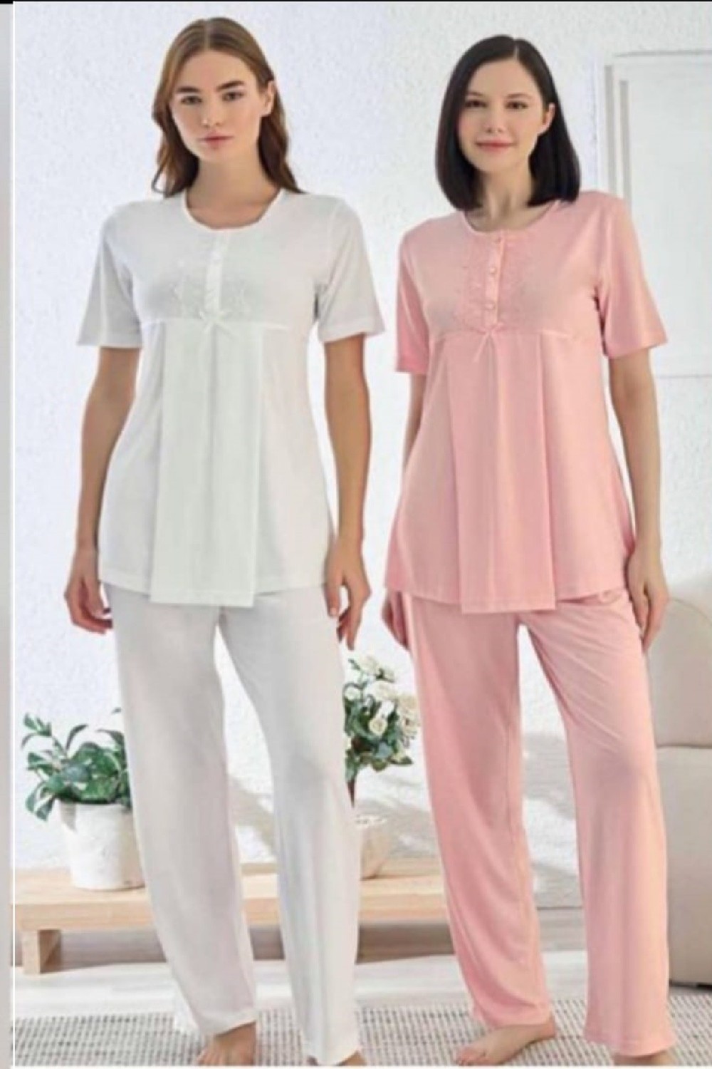 Polat Tekstil Kadın Kısa Kol Hamile & Lohusa Pijama Takımı Dantelli görsel 4