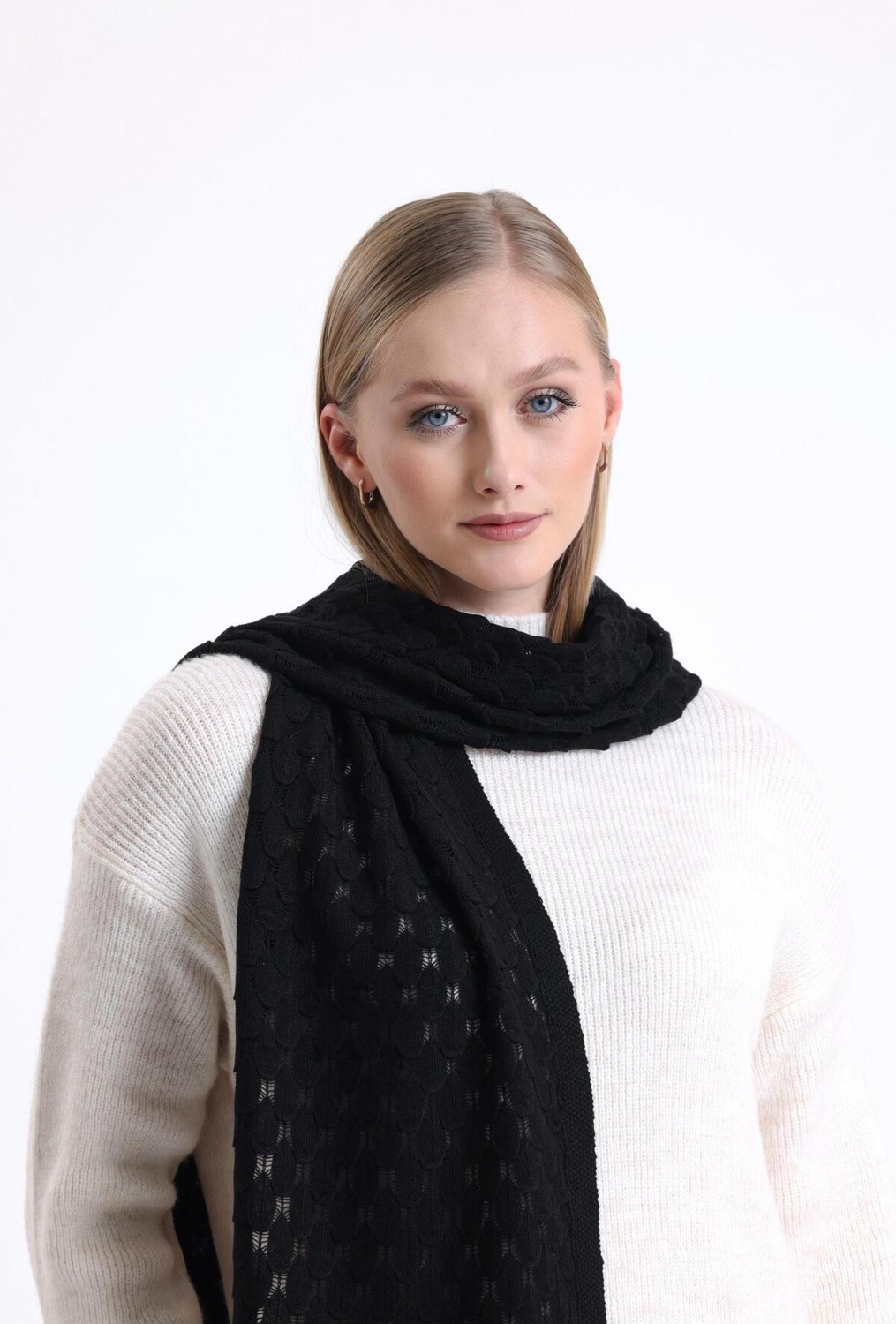 T Crazy Knitwear Ajur Desenli Atkı, Kışlık Yumuşak Dokulu Kaşkol, Triko Örme Atkı - Siyah görsel 2