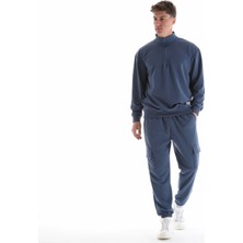 Defy's Erkek Dik Yaka Yarım Fermuarlı Etiket Detaylı Regular Fit İndigo Sweatshirt
