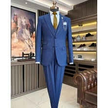 İtalyan stil çizgili ceket yelek pantolon takım elbise lacivert T10730
