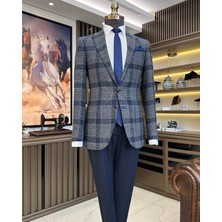 Terzi Adem Altun Terziademaltun Italyan Stil Slim Fit Mono Yaka Ekose Erkek Ceket Lacivert T10746