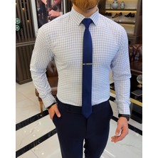 İtalyan stil ekose kravat yaka pamuk erkek gömlek mavi T11182