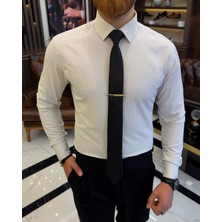 İtalyan stil kareli kravat yaka pamuk erkek gömlek bej T11168