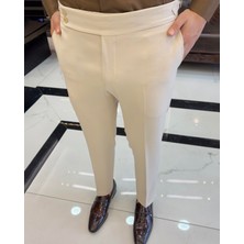 İtalyan stil slim fit bel detaylı erkek pantolon ekru T10562