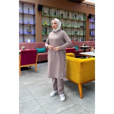 Sevda Kapşonlu Yandat Çıtçıtlı Sade Basic Uzun Tunik ve Pantolon Ikili Spor Takım - 03071 - Vizon