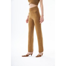 Evoq Nine Yüksek Bel Regular Fit Triko Pantolon Camel