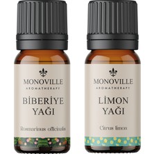 Monoville Biberiye Yağı 10 Ml, Limon Yağı 10 ml 2'li Set %100 Saf ve Doğal ( Rosemary And Lemon Oil ) 2X10