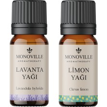 Monoville Lavanta Yağı 10 M, Limon Yağı 10 ml 2'li Set %100 Saf ve Doğal ( Lavender And Lemon Oil ) 2X10 ml