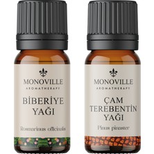 Monoville Biberiye Yağı 10 Ml, Çam Terebentin Yağı 10 ml 2'li Set %100 Doğal(Rosemary And Pine Turpentine Oil)2x10 ml