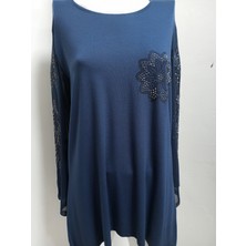 Akşen Giyim Büyük Beden Kolları Organze Tül Taş Işlemeli Lacivert Viskon Penye Bluz