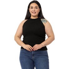 Disentis Modest Büyük Beden Halter Yaka Yarım Balıkçı Fitilli Kaşkorse Siyah Body