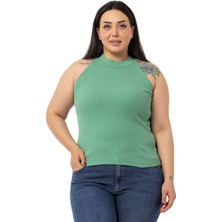 Büyük Beden Halter Yaka Yarım Balıkçı Fitilli Kaşkorse Yeşil Body