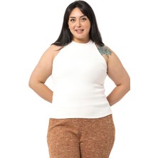 Disentis Modest Büyük Beden Halter Yaka Yarım Balıkçı Fitilli Kaşkorse Ekru Body