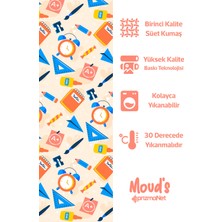 Moud's Krem Defter Kalem Cetvel Desenli Süet Dertsiz Masa Örtüsü