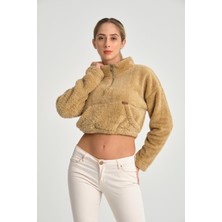 Cool Hill Kahve Yarım Fermuar Uzun Kollu Kadın Peluş Sweatshirt