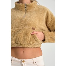 Cool Hill Kahve Yarım Fermuar Uzun Kollu Kadın Peluş Sweatshirt