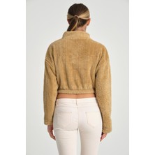 Cool Hill Kahve Yarım Fermuar Uzun Kollu Kadın Peluş Sweatshirt