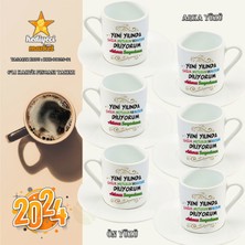 Hediyeci Market Kişiye Özel 2024 Yılbaşı Temalı Beyaz 6'lı Türk Kahve Fincan Takımı - HMK-00026-01