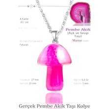 Tesbih Atölyesi Sertifikalı Mantar Model Pembe Akik Taşı Kolye - Gümüş Aparatlı