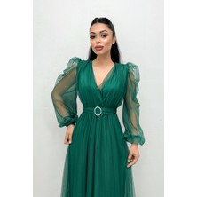 Giyimmasalı Tül Kruvaze Yaka Taş Kemer Detaylı Elbise Zümrüt Yeşil