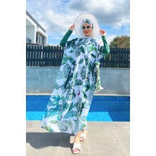 Remsa Mayo Tesettür Mayo Üzerine Desenli Tek Kaftan Pareo Yeşil Yapraklar